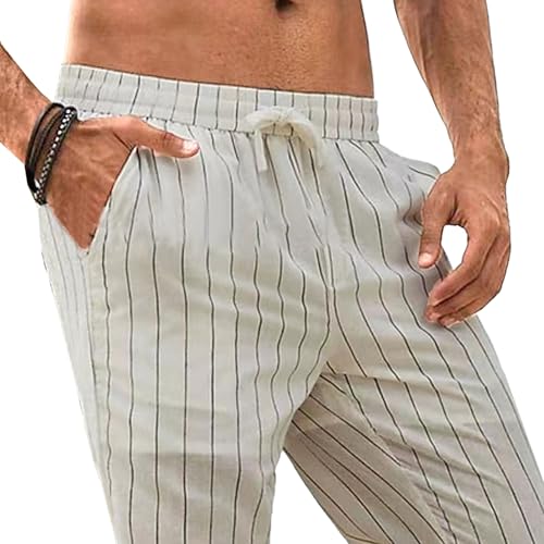 Mens Casual Pants Cotton Linen Drawstring Elastic Waist Trousers Jogger Yoga Loose Lounge Pants3
