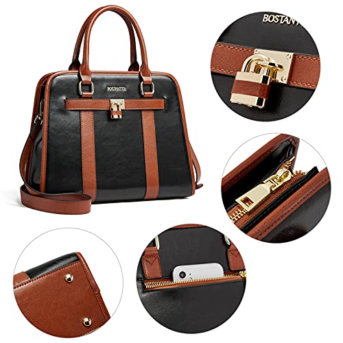 Bostanten Women Leather Handbags Fashion Designer Purses Two Tone Satchel Top Handle Bags With Crossbody Strap,Black #TOP2
