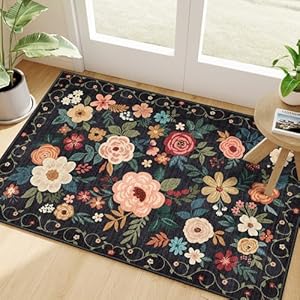 DUKINO 2×3 Rugs for Entryway, Floral Indoor Washable Door Mat, Non Slip Boho Small Rug for Kitchen, Soft Low Pile, Front Door Throw Rug for Entrance, Bedroom, Kitchen, Laundry, Bathroom, Black