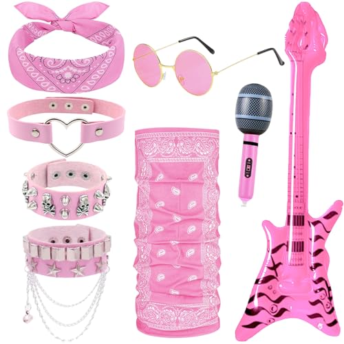 Saier tbo 8 PCS Déguisement Rockstar Accessoires, Rose Punk Gothique Costume Set avec Bracelets Gonflables Basses Microphones Collier Lunettes Bandana Masque pour Femmes Adulte Cosplay Carnaval