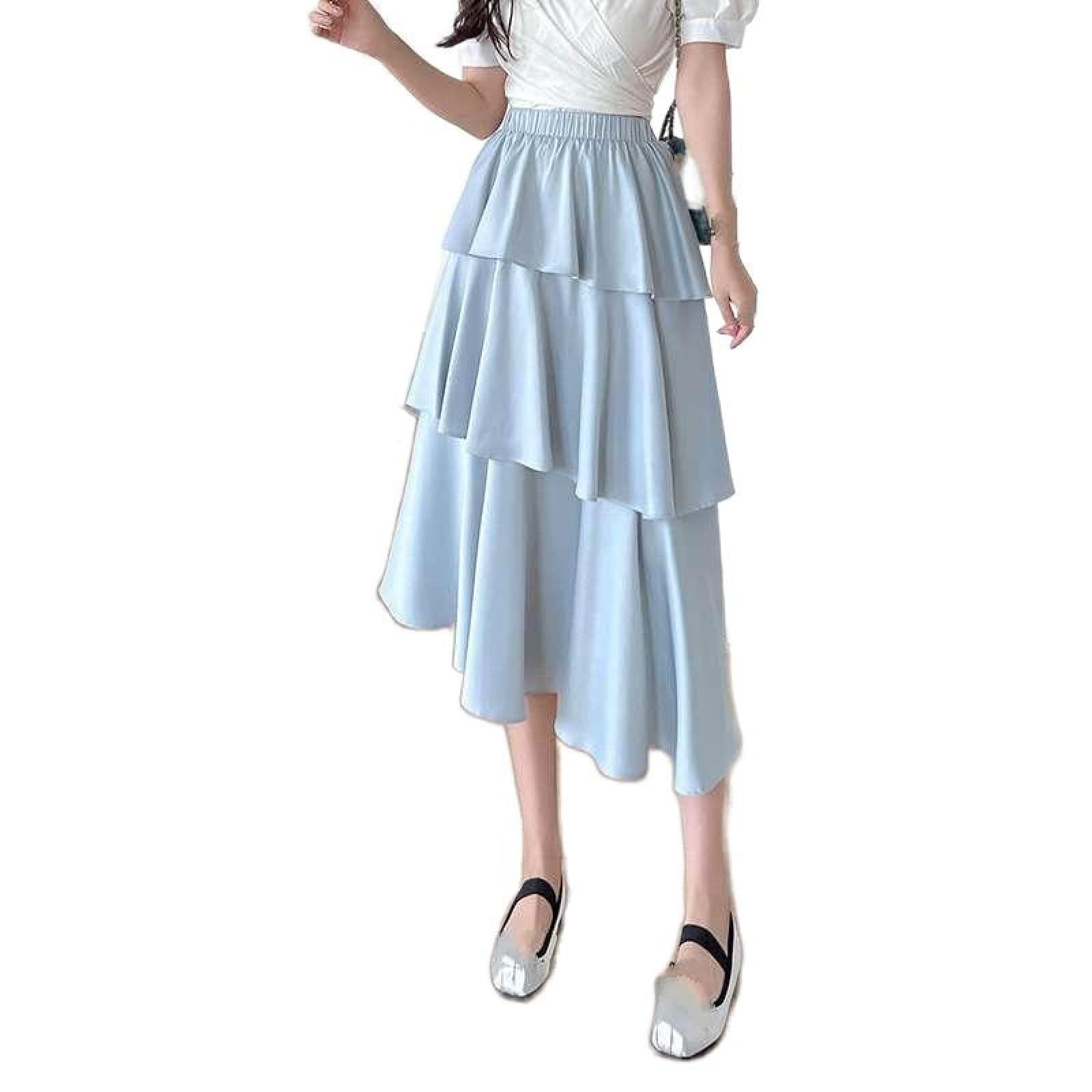 Jupe De Gâteau en Satin De Fibre De Vinaigre Taille Haute pour Femme - Jupe Mi-Longue Taille Élastique De Couleur Unie Polyvalente D'Été Petite Jupe À Volants Irréguliers Jupe Longue Lig