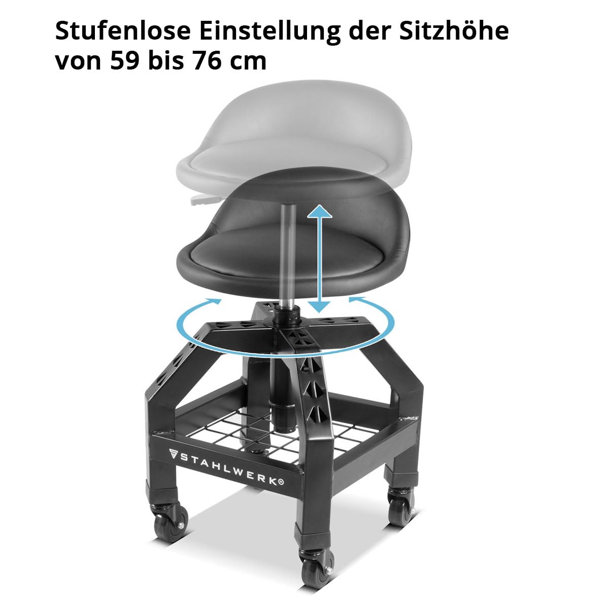 STAHLWERK Höhenverstellbarer Werkstatthocker VWH-300 ST mit großem Ablagefach, bis 136 kg belastbar, 59-76 cm Sitzhöhe, Rollsitz/Rollhocker mit kugelgelagerten Leichtlauf-Lenkrollen