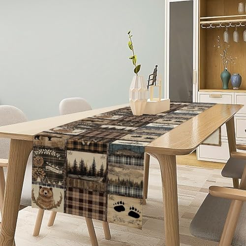 Image of Rustic Country Bear Table Runner,Vintage Wild Animals Bear Deer Forest Mountain Fish Table Cloth for Home Kitchen Dining Table Decoration Party 13x72 in