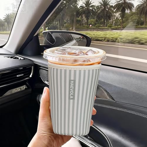 Image of Reusable Insulated Neoprene Iced Coffee Cup Sleeve, Durable Drink Sleeve for Cold Beverages, Beverage Holder for Iced Coffee, Green Stripes