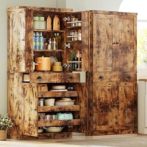 IRONCK Kitchen Pantry Cabinet 72" Height, Freestanding Cupboard with Drawer, Sliding Storage Rack, and 6 Hanging Shelves for Dining Room, Laundry, Living Room, Vintage Brown IRONCK Kitchen Pantry Cabinet 72 Height Freestanding Cupboard with Drawer Sliding Storage Rack and 6 Hanging Shelves for Dining Room Laundry Living Room Vintage Brown