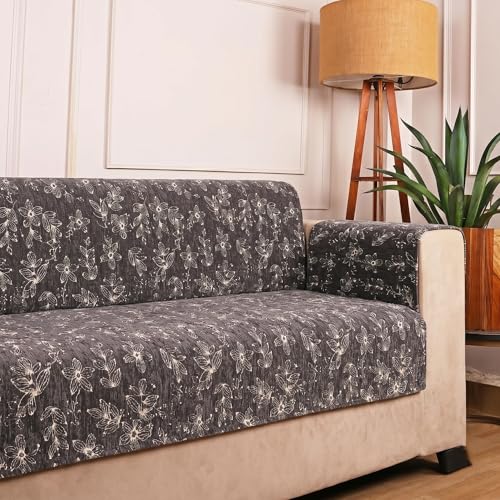 Image of STITCHNEST 'Opulence Series' Floral Woven Sofa Cover for 3 Seater | Premium Soft Fabric Sofa Protector | Black Floral Pattern with Armrest Pockets | Durable Living Room Furniture Cover