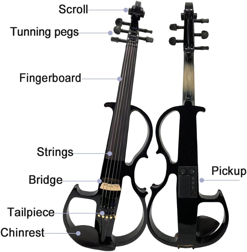 Vetimobato 16 Inch Silent Electric Viola Set- Solidwood Body with Ebony Fittings Metallic Coating Full Viola Set for Beginner Practice Professional Performance & Studio Recording (Black 5 String)