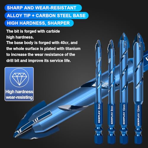 Image of Serplex 7Pcs Masonry Drill Bit Set with Industrial Strength Tungsten Steel Carbide Tips, 3 /4 /5 /6 /8 /10 /12mm Hexagonal Handle Drilling Bits for Wood, Glass, Tile, Metal (up to 3mm), and Plastic