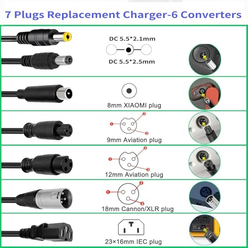 54.6V 3A Charger(7 Plugs) Universal for 13S 48V Li-ion Battery?Fast and Safe Battery Charger 3Prong GX16/DC 5.5x2.5mm/XLR/IEC/RCA Connector Power Supply Adapter