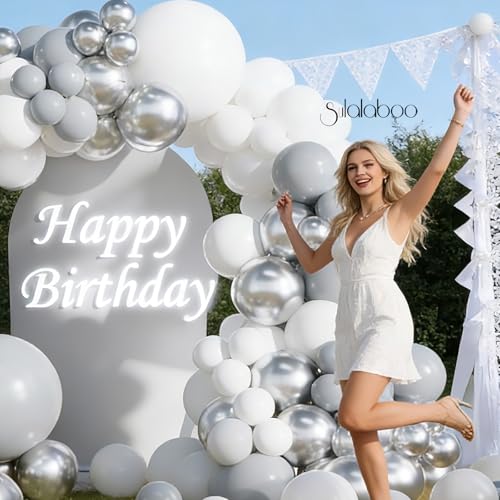Image of White and Silver Balloons Arch Kit 155Pcs 18 10 5 Inch | Gray Grey White Metallic Silver Different Sizes Latex Garland Birthday Anniversary Wedding Bridal Shower Party Decorations