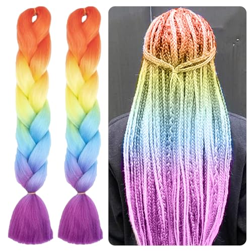 Leogony 2PCS 4 Tone Hair Extensions for Braiding Fake Braids Hair, Orange Yellow Blue Fuchsia Coloured Synthetic Wig