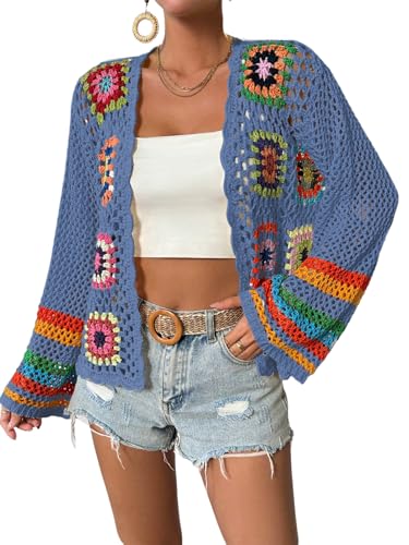 Image of SHENHE Women's Floral Crochet Cardigan Hollow Out Open Front Long Sleeve Cardigan Sweater