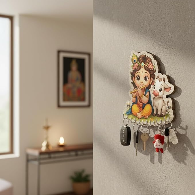 Image of JIVAY Baby Krishna Decorative Wall Mounted Key Holder for Home Wooden Key Hanger with 7 Hooks Designer Key Stand for Living Room, Entrance & Office (Baby Krishna Key Holder) Pack 2