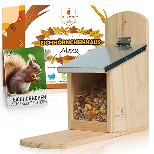 HOLYMOLY - Alexa - Eichhörnchenhaus - Futterhaus, fertig montiert & 100% Massivholz | 100% Wetterfest | Natürliche Futterstation zum Eichhörnchen füttern | Eichhörnchenfutterhaus Cover