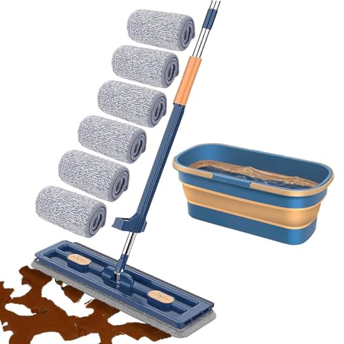 Großer Flacher Mop und Eimer Set, Selbstauswringender Flachmopp für Nass- und Trockengebrauch mit Schaber, 360° Drehbarer Reinigungsmopp, Verstellbarer Langer Griff aus Edelstahl,Blau