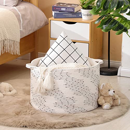 KAKAMAY Large Blanket Basket (20"x13"),Woven Baskets for storage Baby Laundry Hamper,Cotton Rope Blanket Basket for Living Room, Laundry, Nursery, Pillows, Off White with Blue & Brown Dotted Pattern KAKAMAY Large Blanket Basket (20"x13"),Woven Baskets for storage Baby Laundry Hamper,Cotton Rope Blanket Basket for Living Room, Laundry, Nursery, Pillows, Off White with Blue & Brown Dotted Pattern