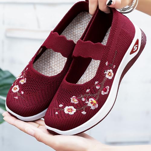 Orthopedic Shoes for Women Woven Orthopedic Breathable Soft Shoes Mesh Flower Embroidered Slip On Knit Flat Sneakers Breathable Comfortable Lightweight Casual Walking Shoe4