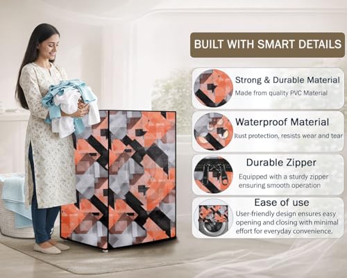 Image of Stylista Waterproof Front Load Washing Machine Cover Compatible for Haier 8 kg, Chekered Pattern Orange