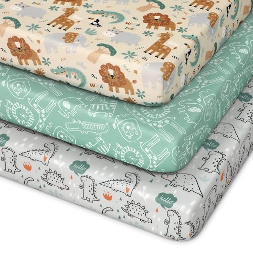 Image of Unnivoll Pack and Play Sheets Fitted 3 Pack, Mini Crib Sheets for Pack N Play Mattress Stretchy Portable Playard Sheets, Soft Breathable Green & Apricot Lion