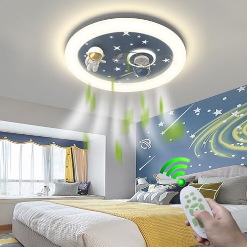 qudkdhs Ventilador de Techo con iluminación LED Lámpara de Techo Creativa de Dibujos Animados de Astronauta para habitación de niños con Ventilador, Control Remoto, silencioso, 6 Velocidad