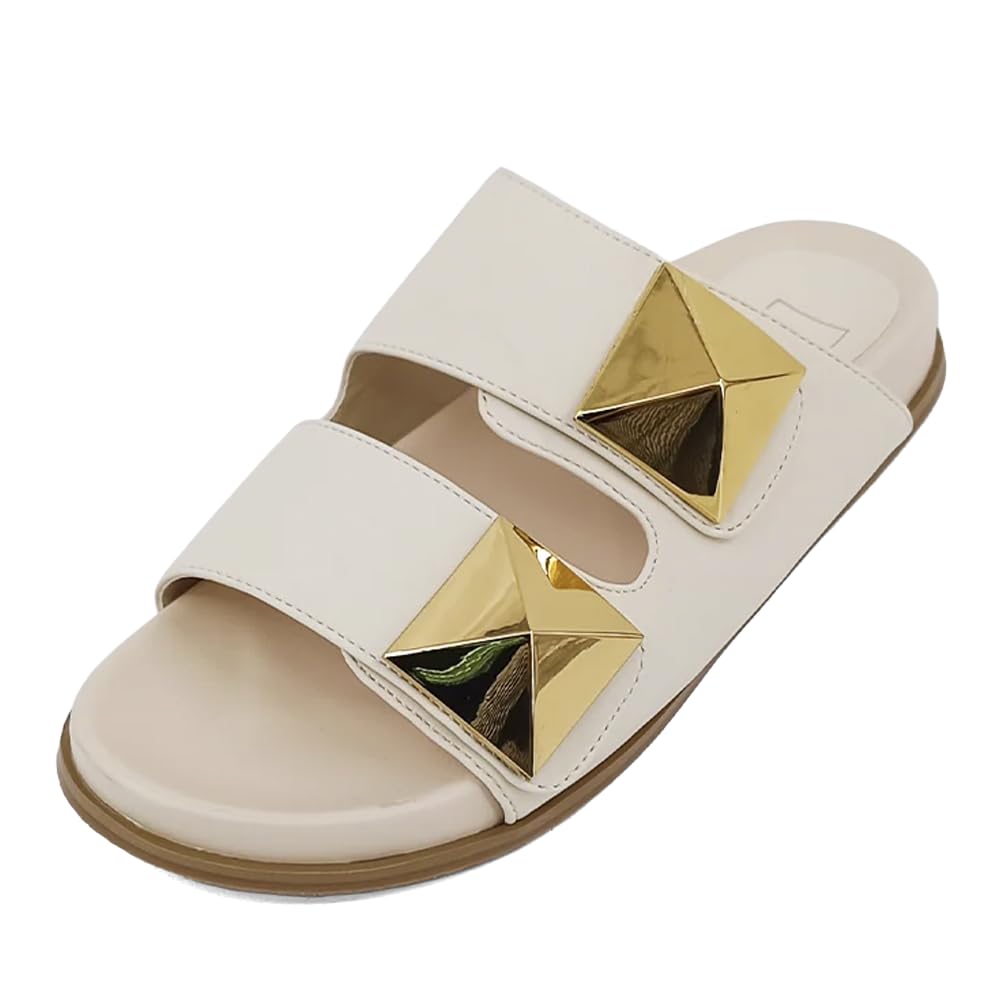 SHUSHOP Women’s Bernarda Padded Strap Flat Slide Sandal with Round Open Toe and Gold Buckle