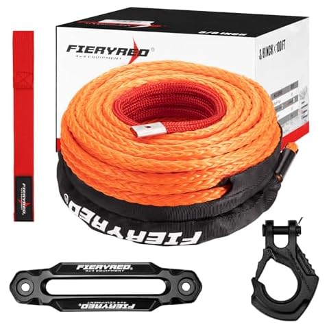 FIERYRED Synthetic Winch Rope 3/8 Inch 100FT - 26500Ibs Winch Line Cable Rope with Winch Hook Fairleads for 4WD Off Road Vehicle ATV UTV SUV SUV Trucks Cover