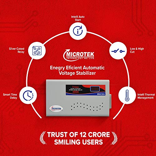 Image of Microtek EM4130+ Automatic Voltage Stabilizer for AC up to 1.5 ton (130V-300V), Metallic Grey - Digital Display, Wall Mounted