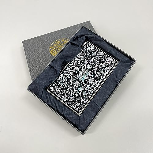 Image of Mother of Pearl Business Card Case Credit Id Name Holder Travel Wallet Art Painting Design Metal Stainless Steel Engraved Slim Purse Pocket Cash Money Wallet (Arabesque)