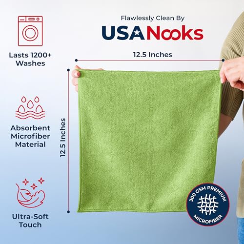 Image of USANOOKS Microfiber Cleaning Cloth Light Green - 24 Pcs 12.5 inchx12.5 inch - High Performance - 1200 Washes, Ultra Absorbent Towels Weave Grime & Liquid for Streak-Free Mirror Shine - Car Washing Cloth