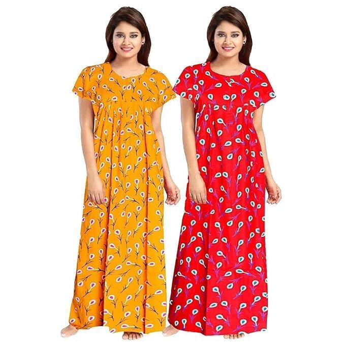 Image of NILOUFO Women's Cotton Printed Maxi Nighty - Pack of 2 | Soft Ankle-Length Sleepwear Gowns for Women | Free Size Night Dresses (Red,Yellow, Free Size)