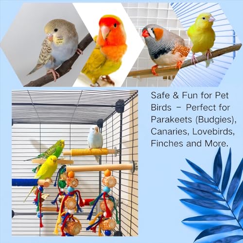 Image of Bird Perches,Natural Wood Birds Stand Branch with Chew Toys,Parakeet Parrot Perch for Cage, Bird Cage Chew Toy & Hanging Toy for Cockatiels Lovebirds Budgies