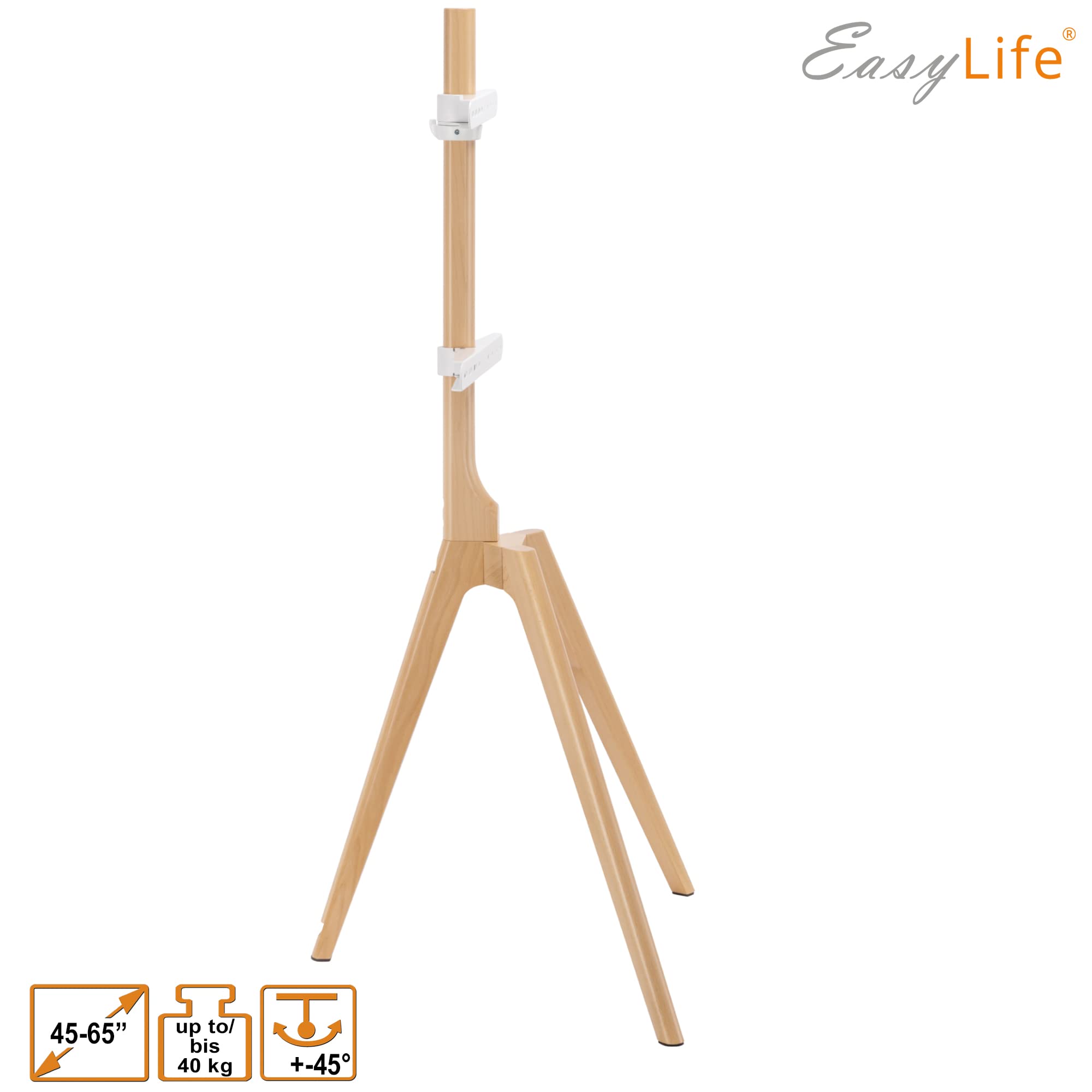 EasyLife – Treppiede per TV in legno Tripod – Studio TV Stand fino a 65 pollici e 40 kg TV/monitor, orientabile, regolabile in altezza, gestione dei cavi, VESA fino a 400 x 400 (Bianco/faggio chiaro)