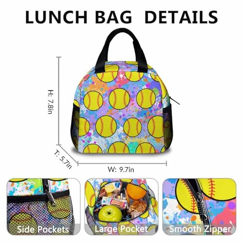 School Backpack for Girls, Softball Backpacks with Lunch Box Matching Combo for Elementary Preschool Middle School, Colorful Lightweight Bookbag and Pencil Case Bundle for Kids3