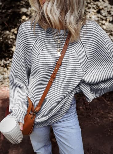 Image of EVALESS Striped Sweaters for Women Boat Neck Batwing Sleeve Oversized Pullover Sweater Tops Womens Fall Clothes Outfits