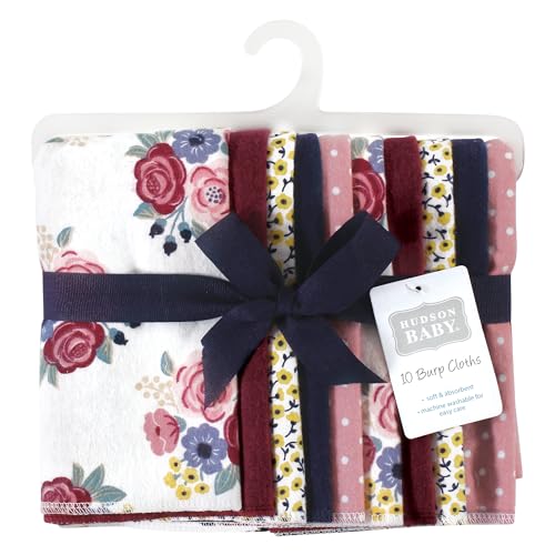 Image of Hudson Baby Unisex Baby Cotton Poly Flannel Burp Cloths, Blush Navy Floral 10-Pack, One Size