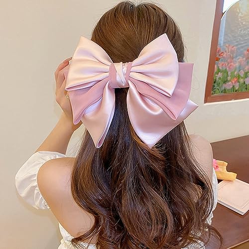 Jumwrit Big Layered Hair Bow Clip Vintage Strong Hold Bowknot Hair Barrette French Design Solid Color Hairpin Fashion Hair Accessories for Women Girls(Pink)