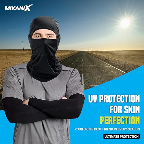 Image of MIKANIX Unisex Full Face Mask | Balaclava Black + Hand Protective Syntetic Arm Sleeve for Bikers Riders, Cyclists and Outdoor Workers to Protect from Dust and UV Rays