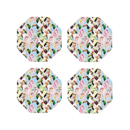 Set di 4 sottobicchieri ottagonali in pelle, leggeri, sorprendenti con pappagallo, tucano, fenicottero, sottobicchieri, per scrivania, anti-scottature, per decorare la tavola dell'ufficio