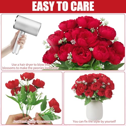 Image of 8 Pack Red Peonies Artificial Flowers, Fake Silk Hydrangea Bouquet for Bridal Wedding Home Table Decor Reusable Dining Opening Ceremony Birthday Arrangement Faux Floral