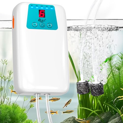 AQQA Aquarium Luftpumpe, 525L/h Sauerstoffpumpe Batterie mit Doppelauslass, 6-Stufig Einstellbarer Luftstrom, USB Tragbare Sauerstoffpumpe Aquarium für Outdoor-Fischen