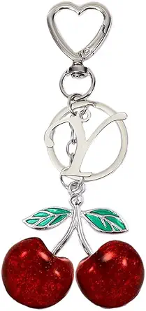 Heart-Shaped Keychain with Initial A-Z and Cherry Charm Bag Charms for Women,Car Accessories