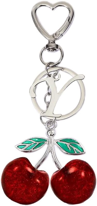 Heart-Shaped Keychain with Initial A-Z and Cherry Charm Bag Charms for Women,Car Accessories