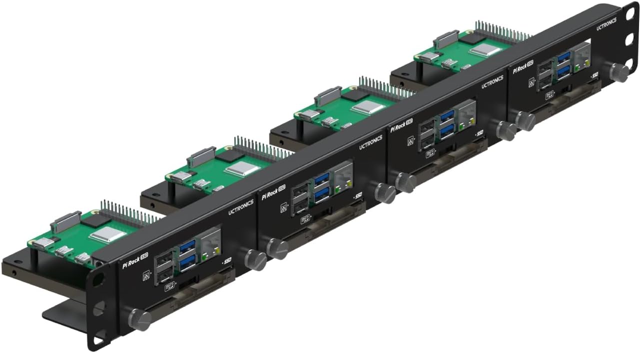 19” 1U Rack Mount for Raspberry Pi with SSD Mounting Brackets, Thumbscrews Front Removable Bracket Supports Up to 4 Raspberry Pi 5, 3B/3B+, 4B and 4 SSDs, Option SD Card Adapter