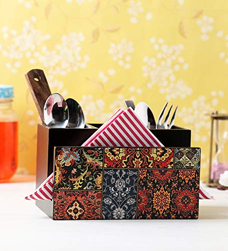 Image of Reinvention Factory Wooden Cutlery Holder I Countertop Organizer - Spoon Fork Knife Napkin Tissue Paper I Desk Supplies Pencil Pen Stationery Stand I Home & Kitchen I Size 7 inch X 5 inch X 4 inch IOriental