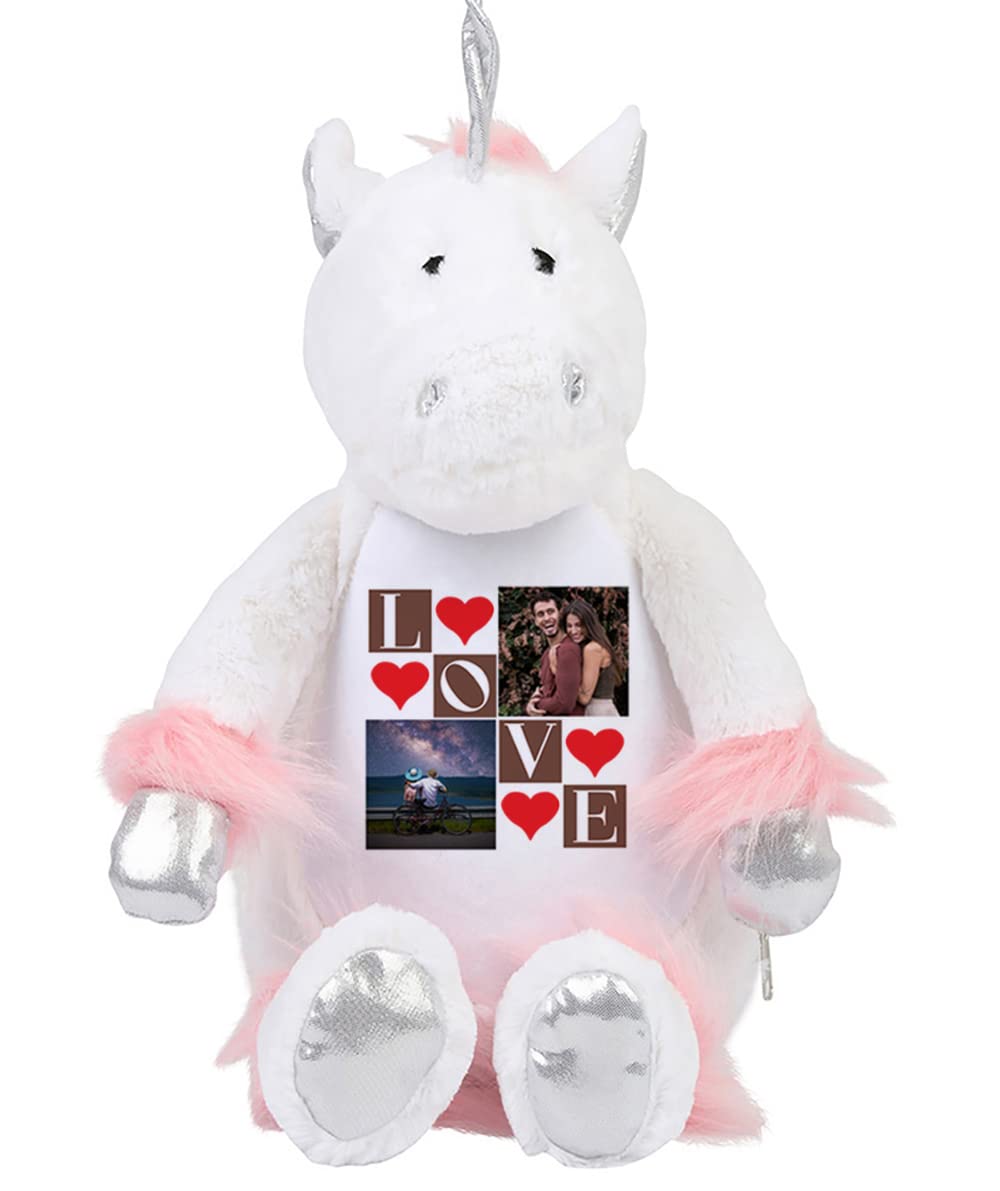 Getagift Valentines day Personalised Love Collage Any Image Birthday Anniversary Boyfriend, Husband, Wife Soft Toys, Teddy Bear. (Unicorn White)