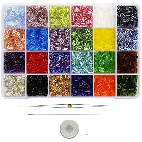 BALABEAD Size 6mm Glass Bugle Beads with Beading Needles About 7200pcs in Box ,24 Multicolor Assortment Length 6mm Tube Beads for Jewelry Making (300pcs/Color, 24 Colors) Cover