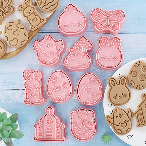 8 Pieces Easter Cookie Cutters Set, Embossing Easter Biscuit Cutters, Easter Fondant Biscuit Cutter Stamp, Easter Chick Egg Rabbit Bunny Butterfly Shape Baking Mold for Easter Diy Baking (Pink)