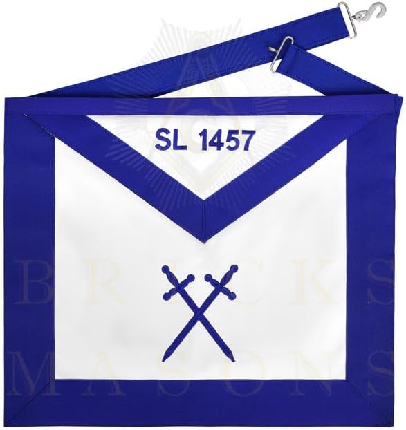 Bricks Masons Sentinel Blue Lodge Officer Apron - Blue Ribbon With Machine Embroidery Customizable Flap