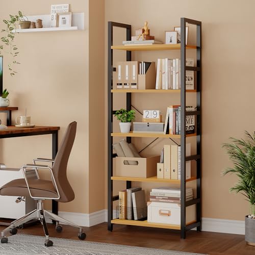 Image of DUMOS 5-Tier Bookshelf, Modern Tall Bookcase, Open Storage Display Shelf for Living Room, Bedroom, Home Office, Narrow Standing Shelving Unit for Books, CDs, Decor,Wood