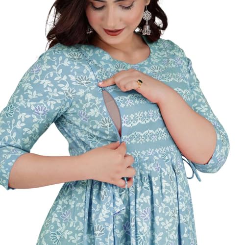 Image of Maternity Feeding Kurtis for Women Cotton - Zip Access Nursing Dress | Comfortable Pregnancy Wear | Stylish Feeding Kurti | Soft Cotton Maternity Dresses for Womens